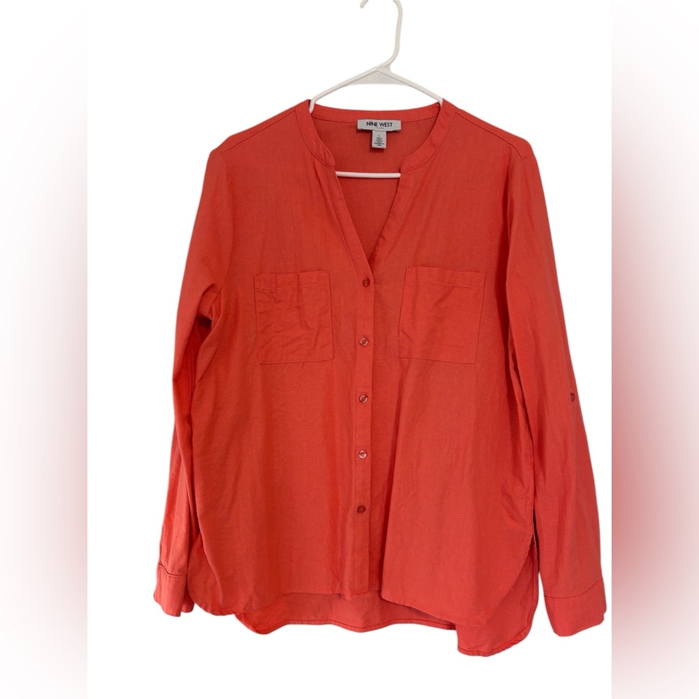 Nine West Burnt Orange Linen Blend Tunic Blouse Top Button Pockets